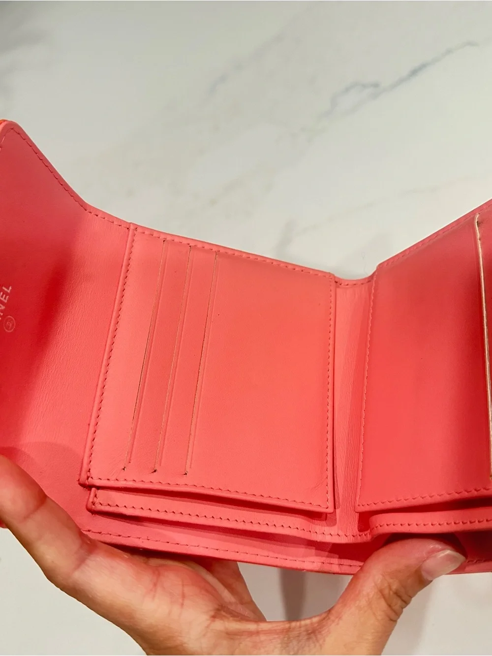 CHANEL Quilted Patent Leather Mini Wallet - Bright Coral Orange
